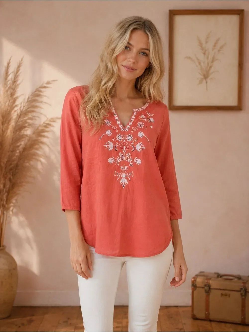 Sweet Magnolia Coral Embroidered V-Neck 3/4 Sleeve Blouse Boho Aesthetic